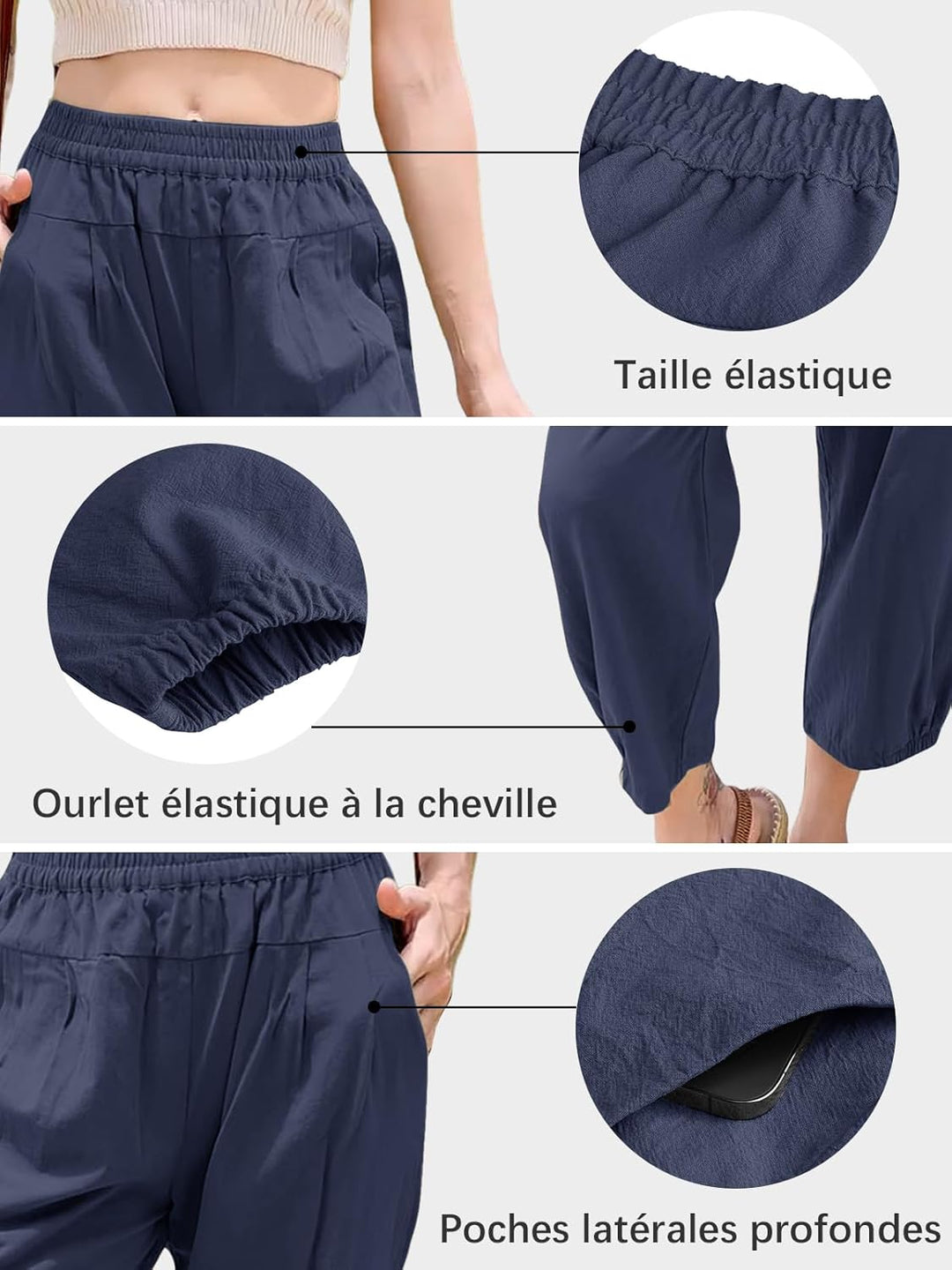 Les umes Damen Baumwolle Capri Casual Hose Elastische Taille Sommer Hose Haremhose mit Navy Blau M,