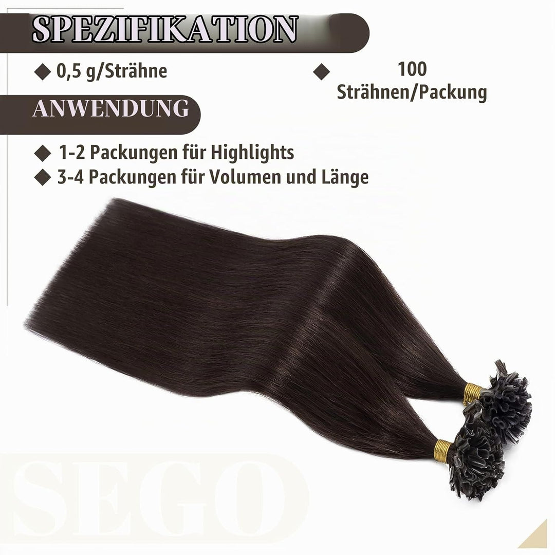 SEGO Extensions Echthaar Bondings Haarverlängerung Keratin U-Tip Human Hair 100 Strähnen Dunkelbraun
