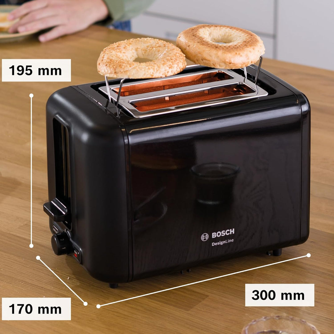 Bosch Kompakt Toaster DesignLine TAT3P423DE, integrierter Edelstahl-Brötchenaufsatz, mit Abschaltaut