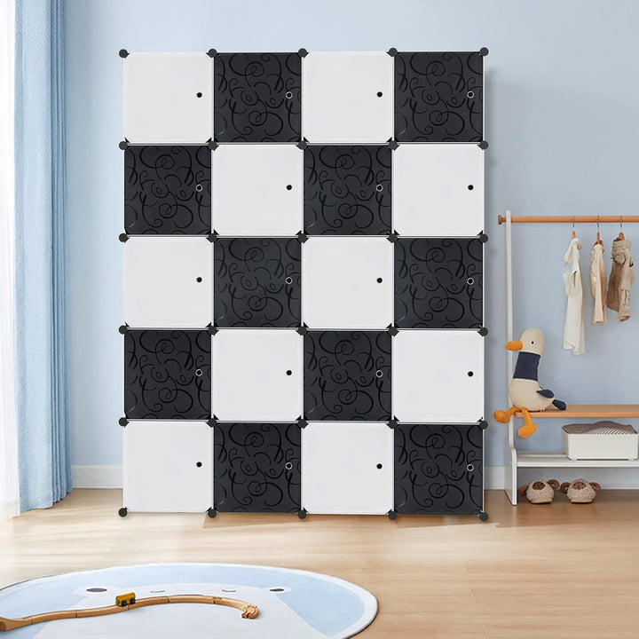 YUENFONG Kleiderschrank Regalsystem aus 20 Würfeln PP Material, Garderobenschrank mit Türen Tragbare