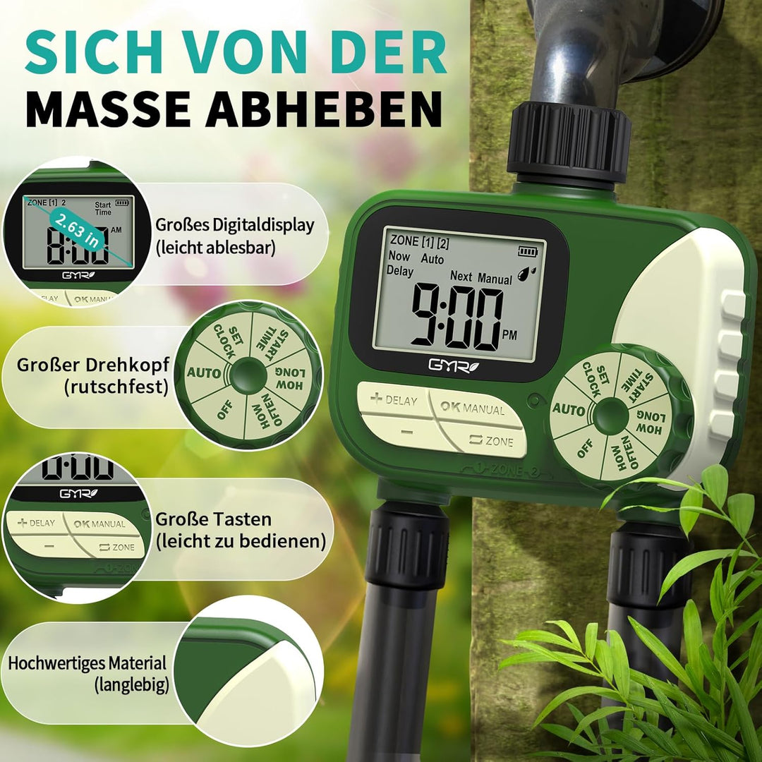 Bewässerungscomputer 2 Ausgänge, Bewässerungsuhr mit Regenverzögerung/manueller/automatischer Funkti