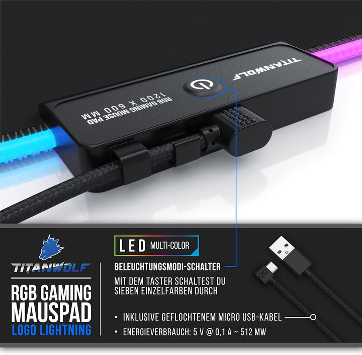 TITANWOLF - XXXL RGB Gaming Mauspad – 1200 x 600 mm - Mousepad - LED Multi Color - 7 LED Farben Plus