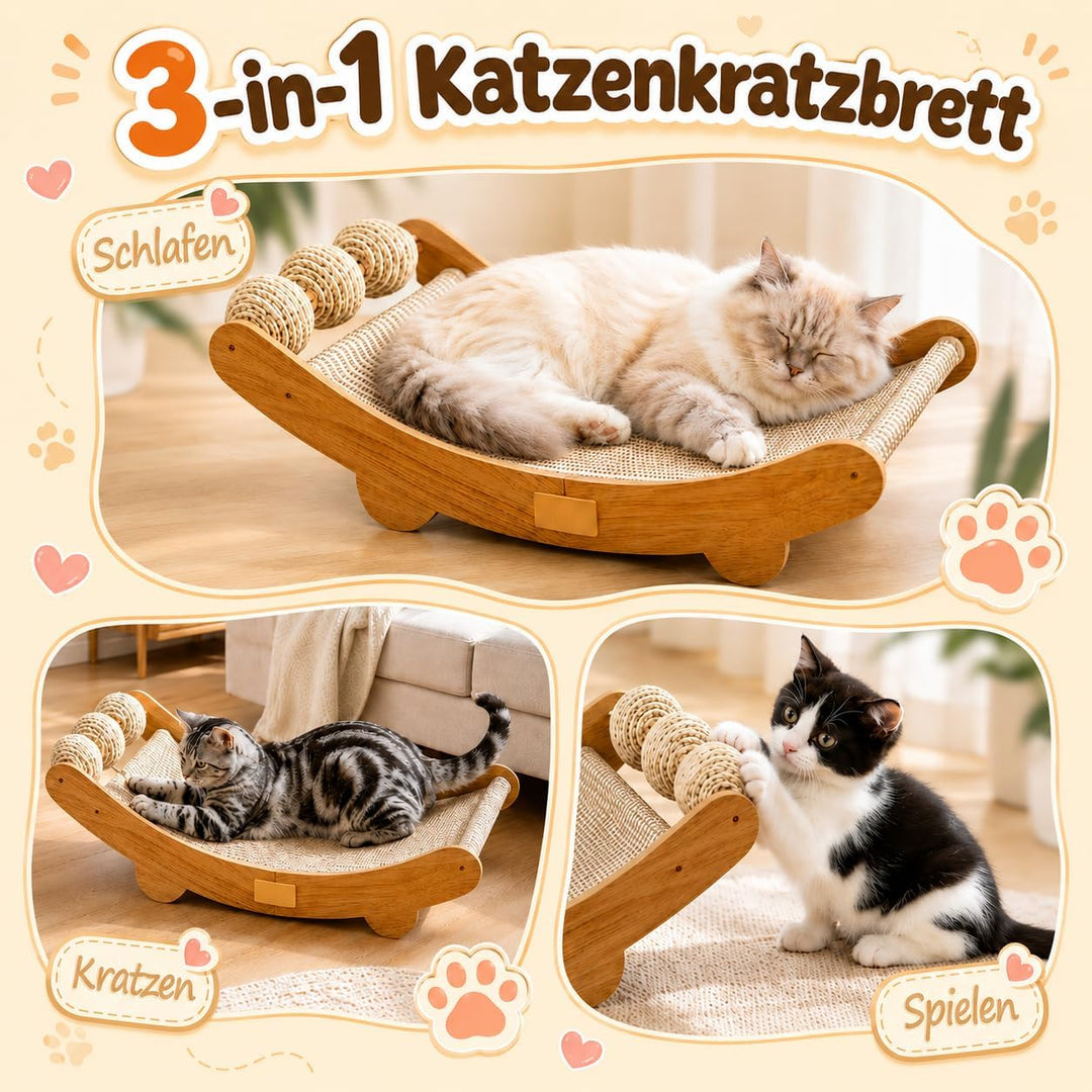 Sisal Kratzbretter Katze, 3-in-1 Kratzbrett mit Spielbällen, 64.5 x 31.5 cm | Grosses Katzen Kratzbr