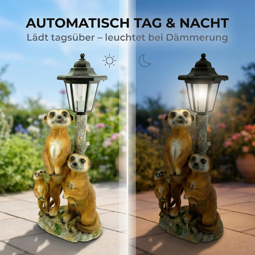Kremers Schatzkiste Erdmännchen Familie mit Solarlaterne Figur Gartenfigur 51 cm Erdmännchenfamilie