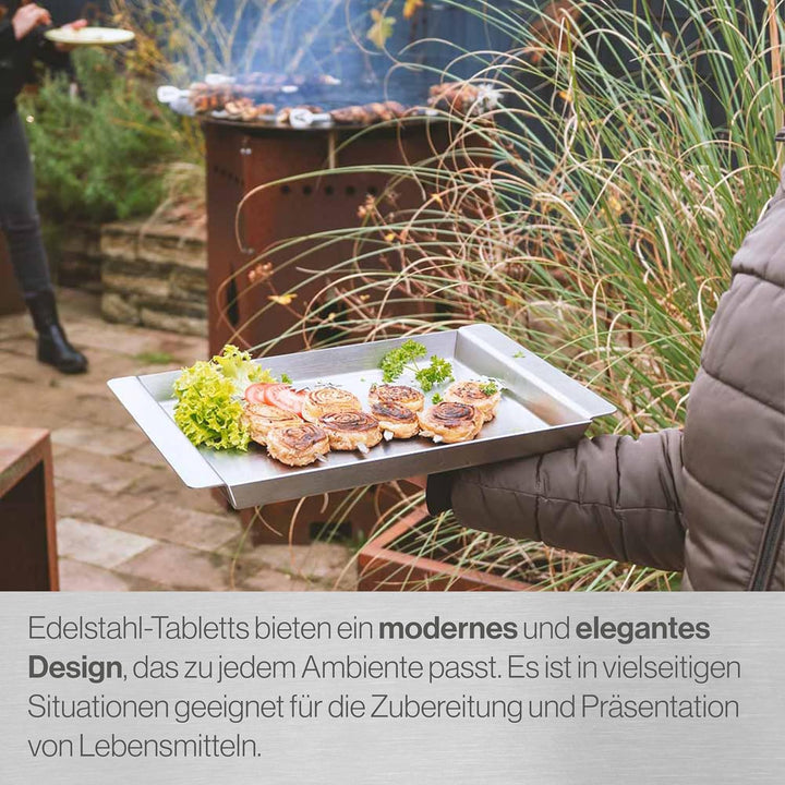 Serviertablett Edelstahl Rechteckig - Für Speisen, Snacks, Kaffee & Kuche - Tablett mit Griffen - Au