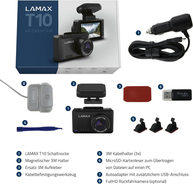 LAMAX T10 4K Dashcam mit GPS, Radarwarnung (50 Länder), WiFi + Mobile App, Weitwinkelaufnahmen 170°,