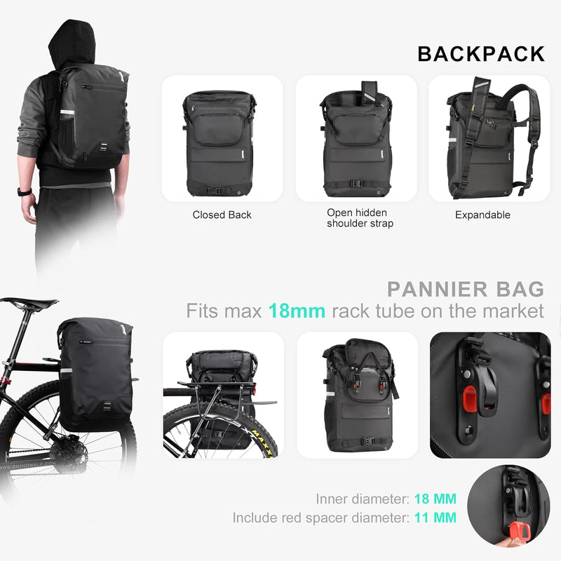 Rhinowalk Fahrrad Gepäckträgertasche Wasserdicht 22L Fahrradtasche Hinterradtasche Gepäckträger Seit