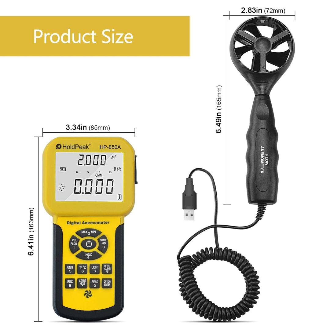 Holdpeak 826 A Anemometer, digital, Windgeschwindigkeit/Temperaturmessgerät mit Datenlogger-Funktion