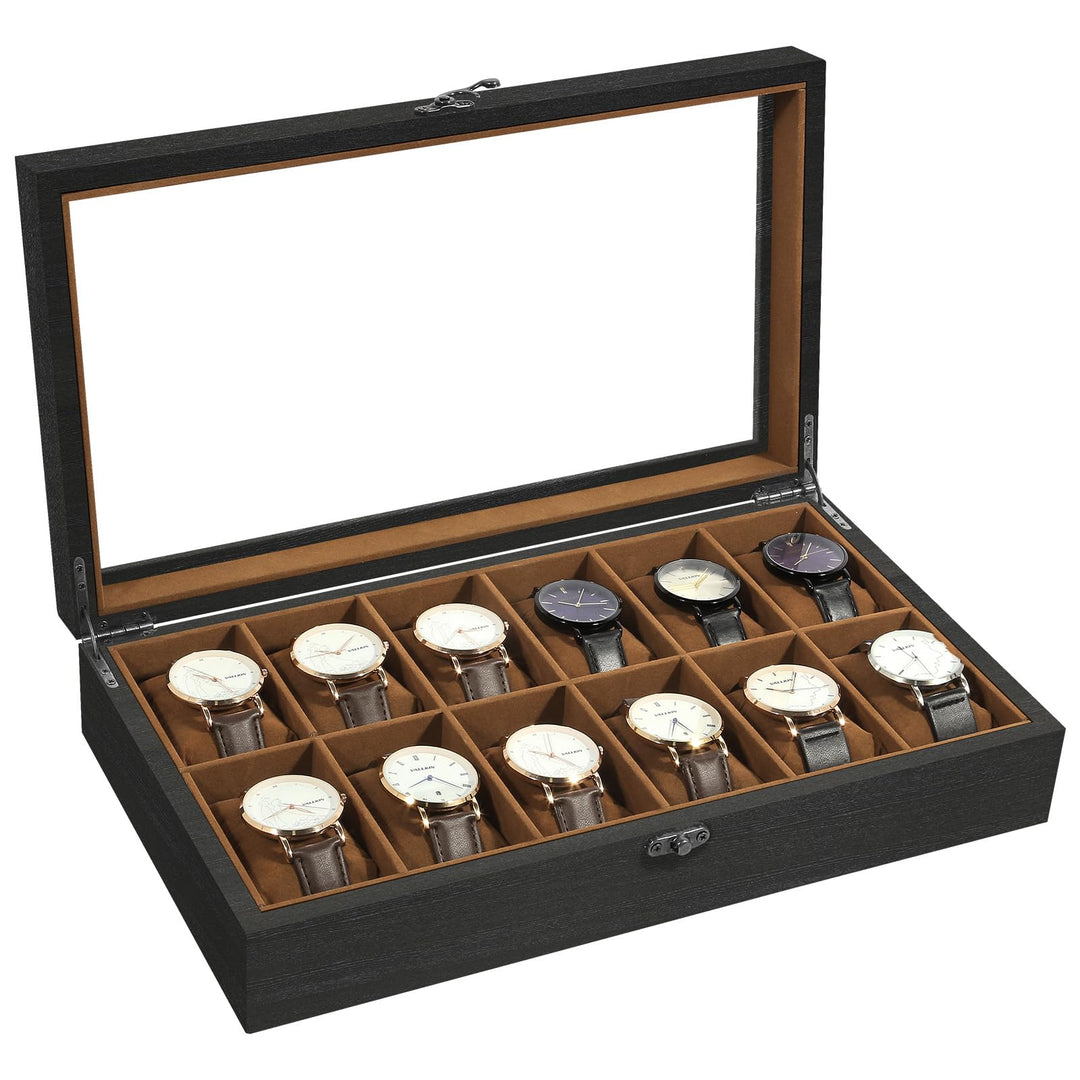 Uten Uhrenbox mit 12 Fächern, Uhrenbox aus Massivholz mit Glasabdeckung, Aufbewahrungsbox für Herren