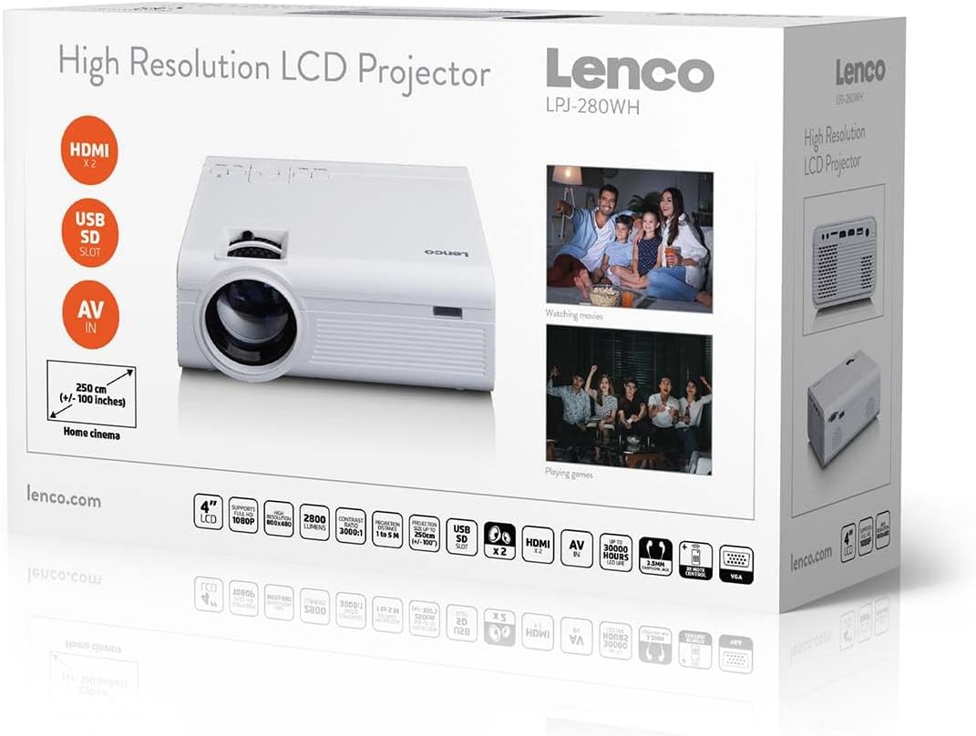 Lenco LPJ-280WH Beamer – 2800 Lumen, Full HD 1080P Unterstützung, Kontrast 3000:1, bis 250cm Bildgrö