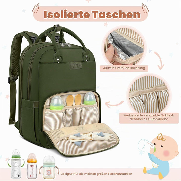 RAINSMORE Baby Wickelrucksack Gross Wickeltasche Rucksack mit Kinderwagengurten und Wickelunterlage