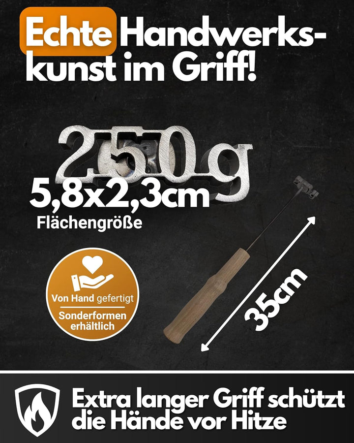 Feuerfest 123 Brennstempel mit 250g-Motiv I 5,8 x 2,3 x 35 cm I Grill-Stempel aus robustem Stahl I H