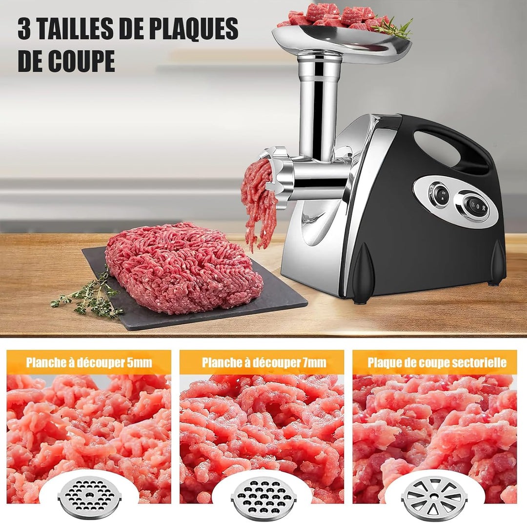 Elektrischer Fleischwolf, 2800W 3 in 1 Fleischwolf, mit 3 Platten aus Edelstahl für 3 mm, 5 mm und 7