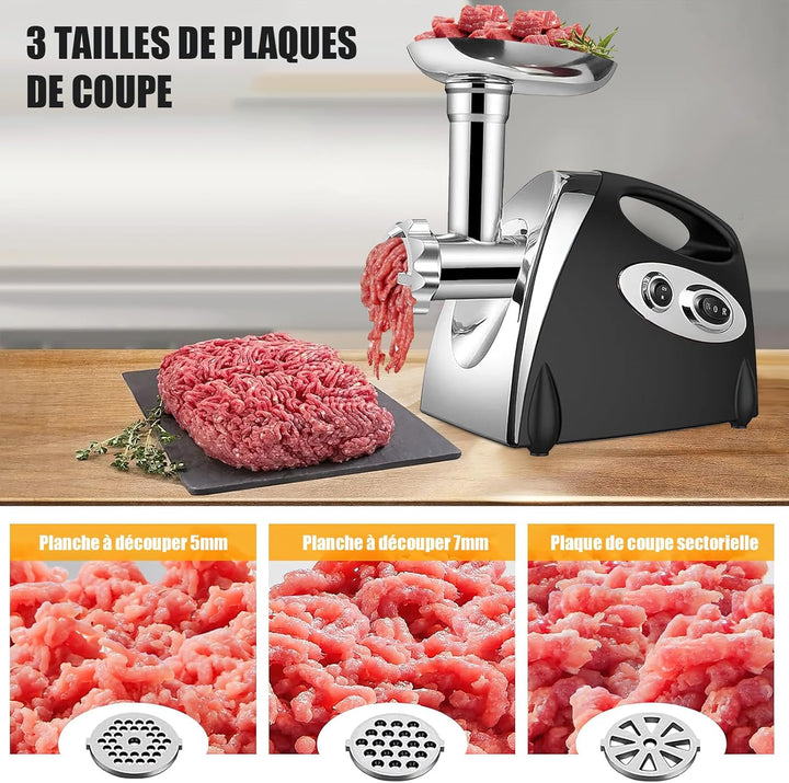 Elektrischer Fleischwolf, 2800W 3 in 1 Fleischwolf, mit 3 Platten aus Edelstahl für 3 mm, 5 mm und 7