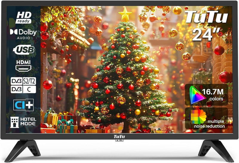 TuTu Fernseher 24 Zoll (60 cm) HD LED TV mit Triple Tuner (DVB-T/T2-C-S/S2), USB Media Player, HDMI,