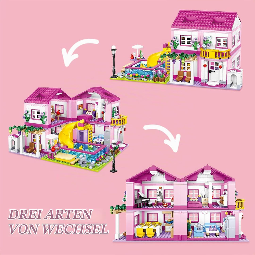 CSNRHG Rosa Sommer Pool Villa Baustein Set Freunde BAU Bildungs 1018 Stück Geschenke Erwachsene Alte