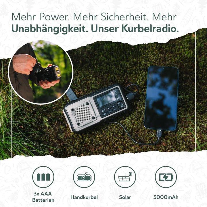 Acta Berg Kurbelradio DAB+/UKW | Notfallradio mit Kurbel &amp; 5000 mAh Akku | Solar Radio mit Wecker |