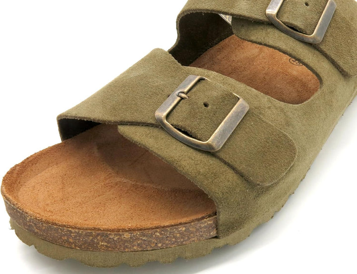 Casual Herren Pantoletten Nubuk Leder Sandalen Korksohle &amp; Echtleder Fussbett 39-47 42 EU Khaki, 42