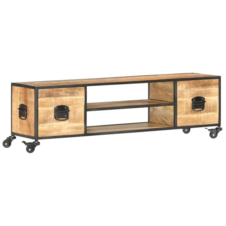 vidaXL Mangoholz Massiv TV Schrank mit 4 Rädern 2 Regalen 2 Schubladen Lowboard Fernsehschrank Ferns