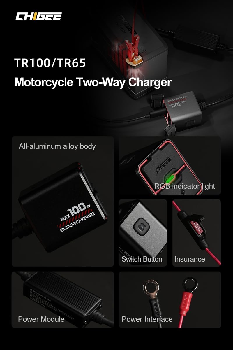 CHIGEE TR100 Next-Gen Motorrad-Batterieladegerät, 100 W, ultrakompakt & leicht, Notladung, niedrige
