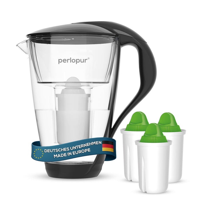 PearlCo 2L Glas Wasserfilter Krug mit 3 alkalischen Filterkartuschen - basisches Wasser durch 5 Stuf