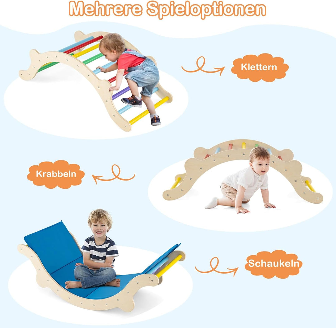 COSTWAY Kletterbogen mit Kissen, Kletterdreieck mit Rutsche Holz, 3 in 1 Klettergerüst Indoor zum Ru