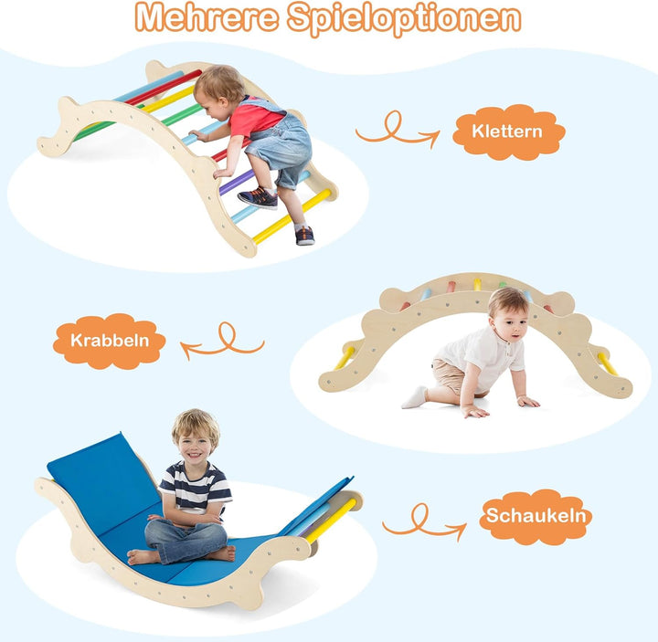 COSTWAY Kletterbogen mit Kissen, Kletterdreieck mit Rutsche Holz, 3 in 1 Klettergerüst Indoor zum Ru