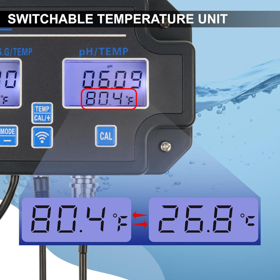 6-in-1 Smart Water Quality Tester – WiFi/App Monitor für pH, EC, TDS, Temp, SG & Salz Echtzeit-Alarm