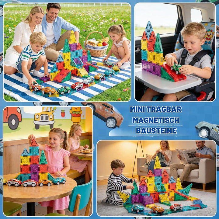 93 PCS Magnetic Tiles Mini Magnetic Building Tiles with Cars, Travel Magnetic Tiles with Storage Bag