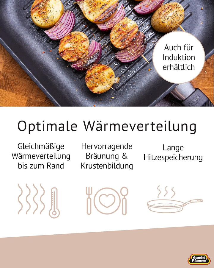 Original Gundel GUSS-QUADRAT-GRILLPFANNE flach, 28 x 28 cm, Höhe 4 cm, BIOTAN-Oberfläche - abnehmbar