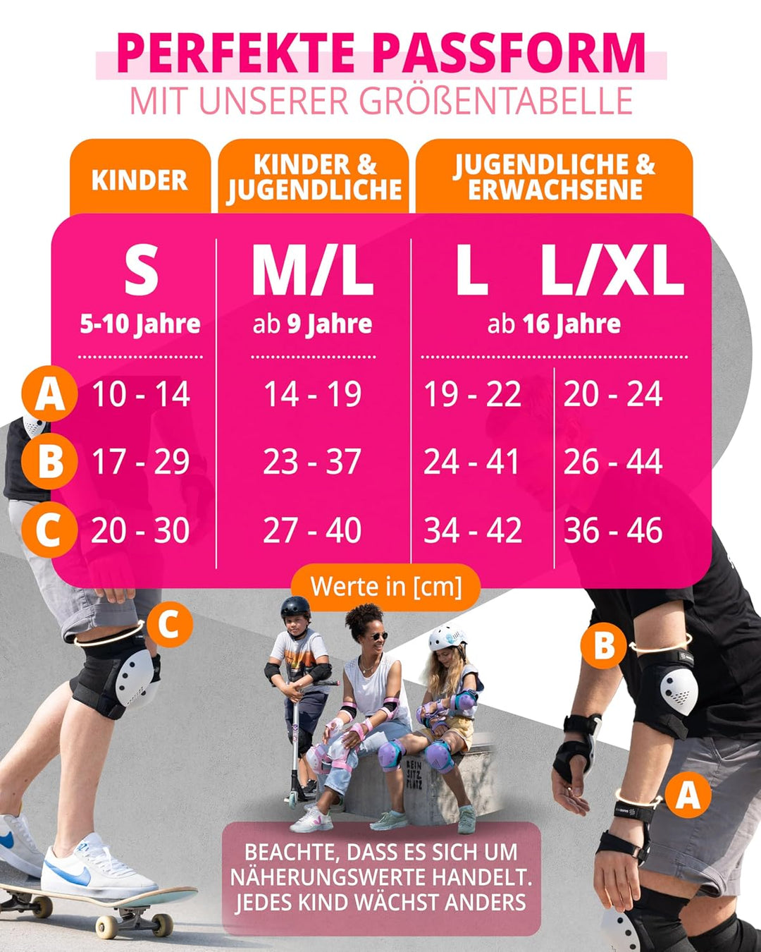 SKATEWIZ Skate Protektoren für Kinder &amp; Erwachsene in 6 Farben - Knieschützer Kinder Set [6pc] SMASH