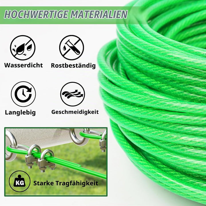 3MM PVC-beschichtetes Drahtseil, 30M Metall Stahlseil Draht Spalier Kit, Multi-use Clothes Line Kabe