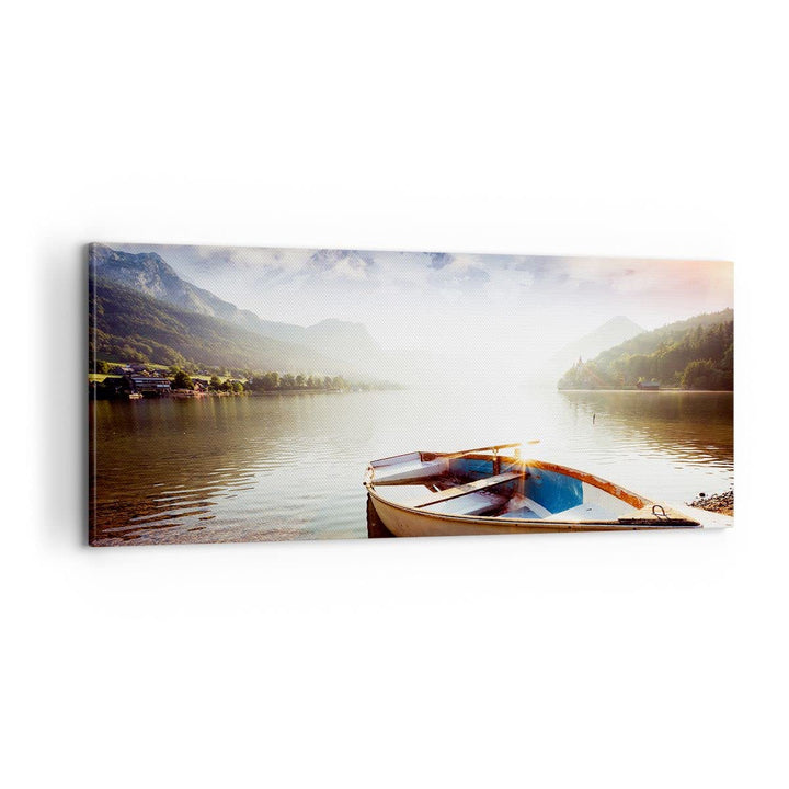 Panorama Bilder auf Leinwand 100x40cm Leinwandbild mit Rahmen Berge See Boot Gross Wanddeko Bild Sch