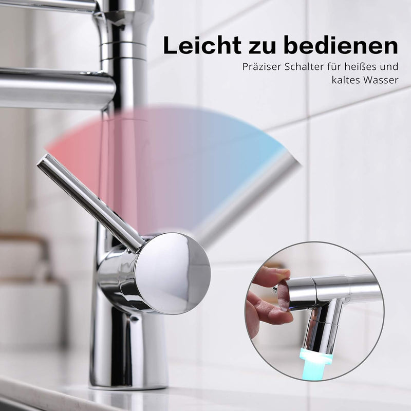 TIMACO LED Wasserhahn Küche Chrome Küchenarmatur mit Spiralfeder, 360°Schwenkbare Spültischarmaturen