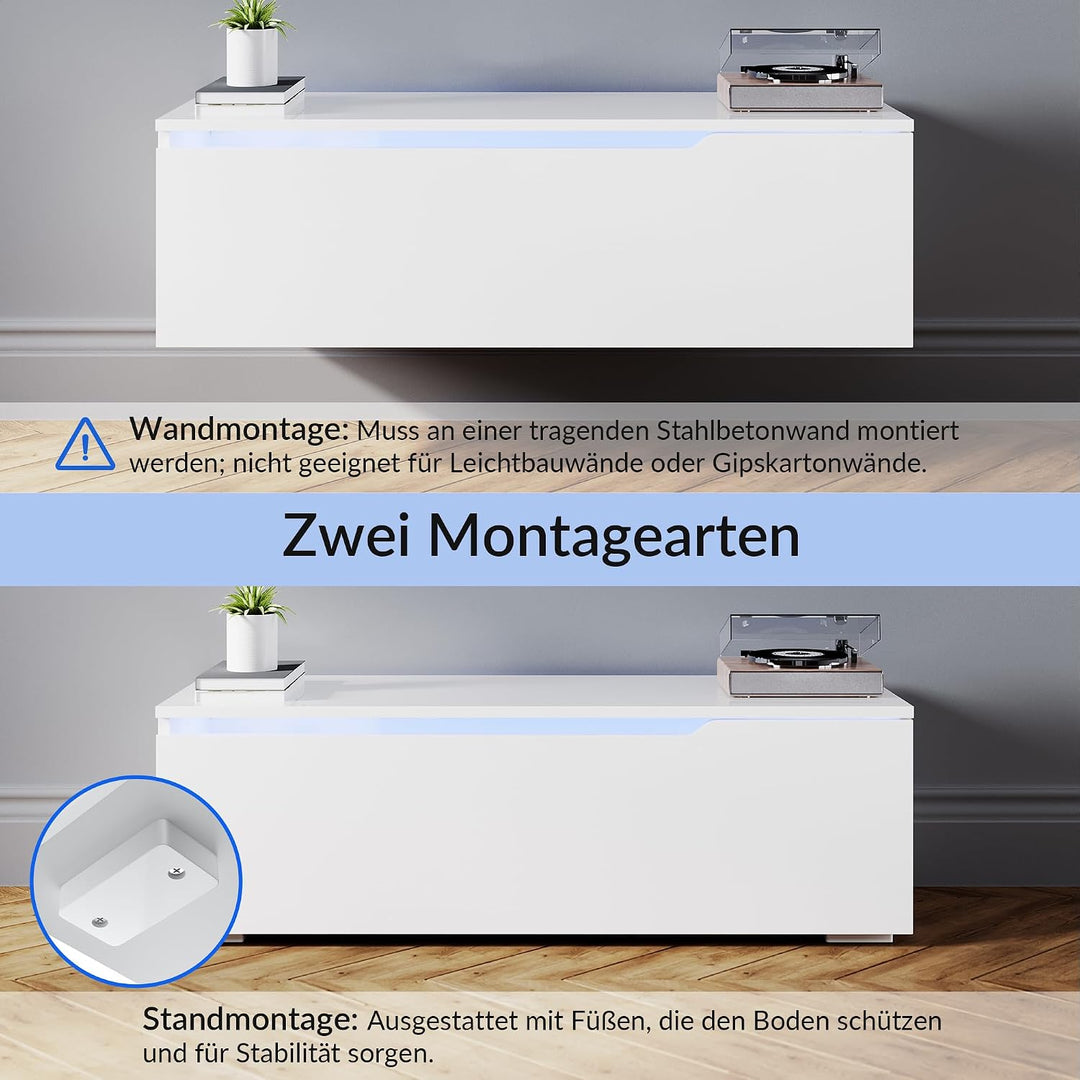 SONNI Lowboard mit LED (16 Farben), Hängend/Stehend, Weiss, 100x35x30cm | TV-Schrank Hochglanz für F