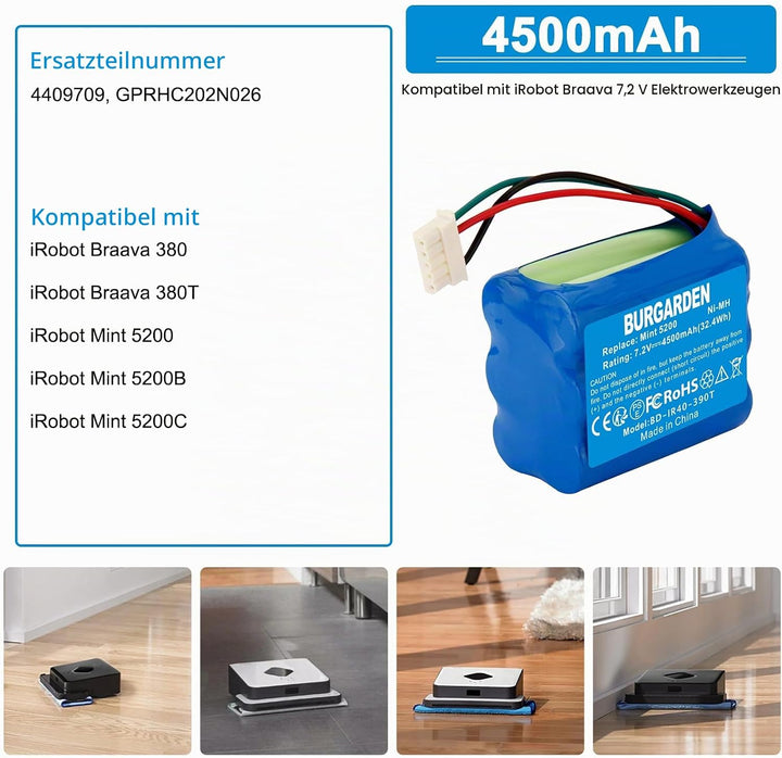 7.2V 4500mAh NI-MH Akku für 380T, 380, 390T, Kompatibel mit Mint 5200, 5200B, 5200C Staubsauger