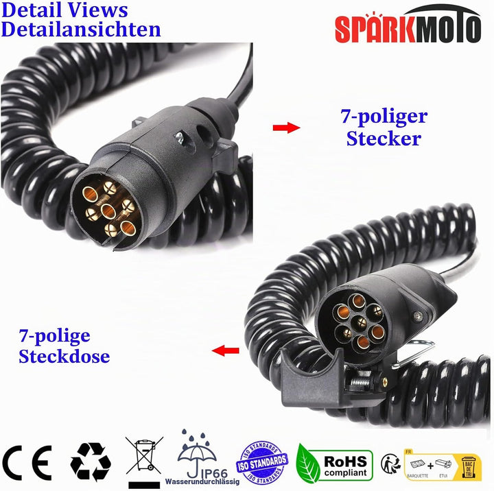 Spiral Anhänger Verlängerungskabel 7 Polig Adapterkabel mit Anhänger Stecker Steckdose 2.6m 7Polig S