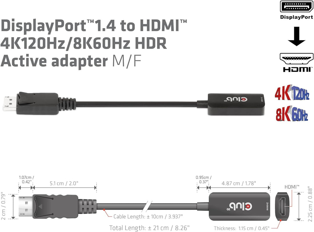 Club3D DisplayPort™1.4 auf HDMI™ 4K120Hz/8K60Hz HDR-Aktiv-Adapter St./B