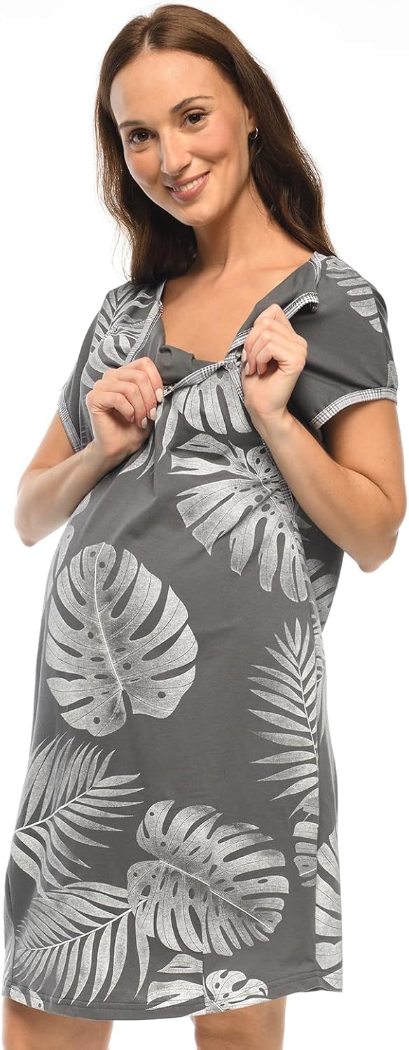 MijaCulture 3 in1 Geburtskleid Stillnachthemd Umstandsnachthemd 4123 Graphite / Palmen S, Graphite /