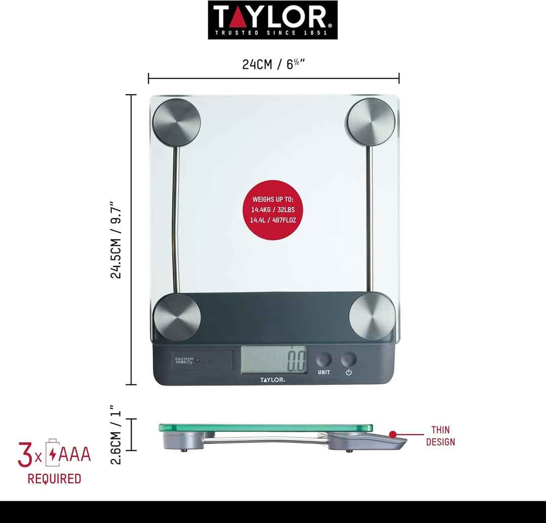 Taylor Pro, Digitale Küchenwaagen für Lebensmittel, mit Berührungsloser Tara-Funktion, 14,4 kg bzw.