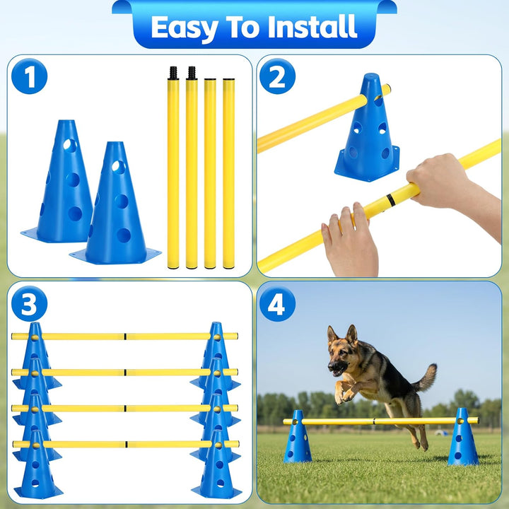 Agility Set Hunde Hürden Steckhürdenset,8 Kegel (24cm)+4 Stangen (81cm) ,Einstellbare Trainingshürde