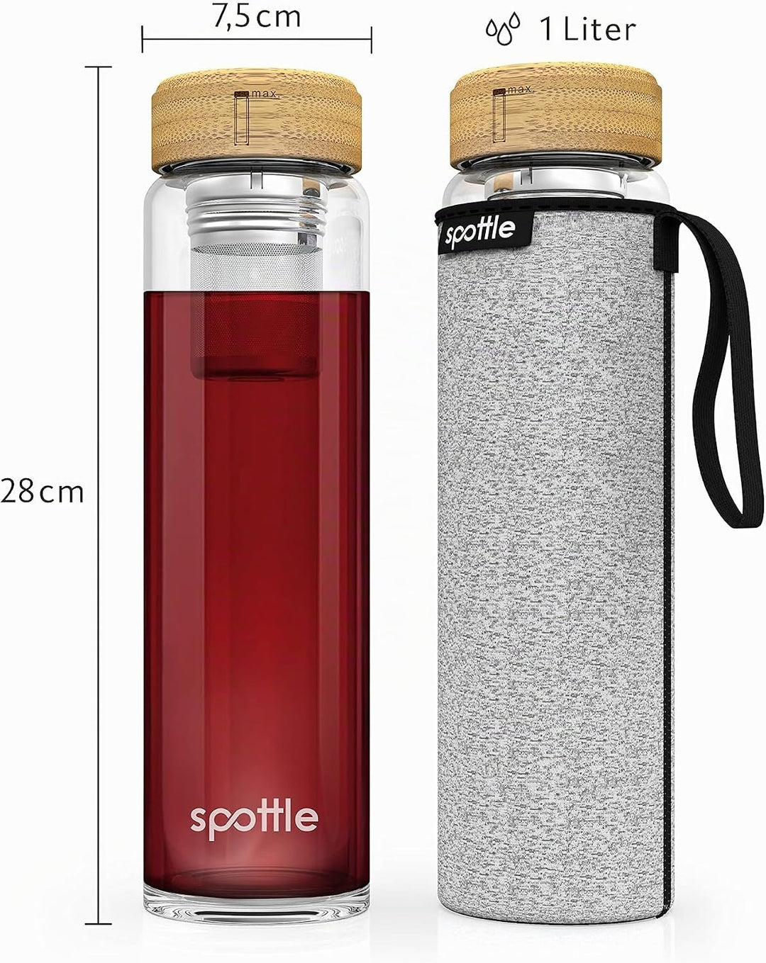 spottle Teeflasche mit sieb to go 1 Liter - Trinkflasche für Tee aus Glas in 500ml, 650ml, 1 l - Tee