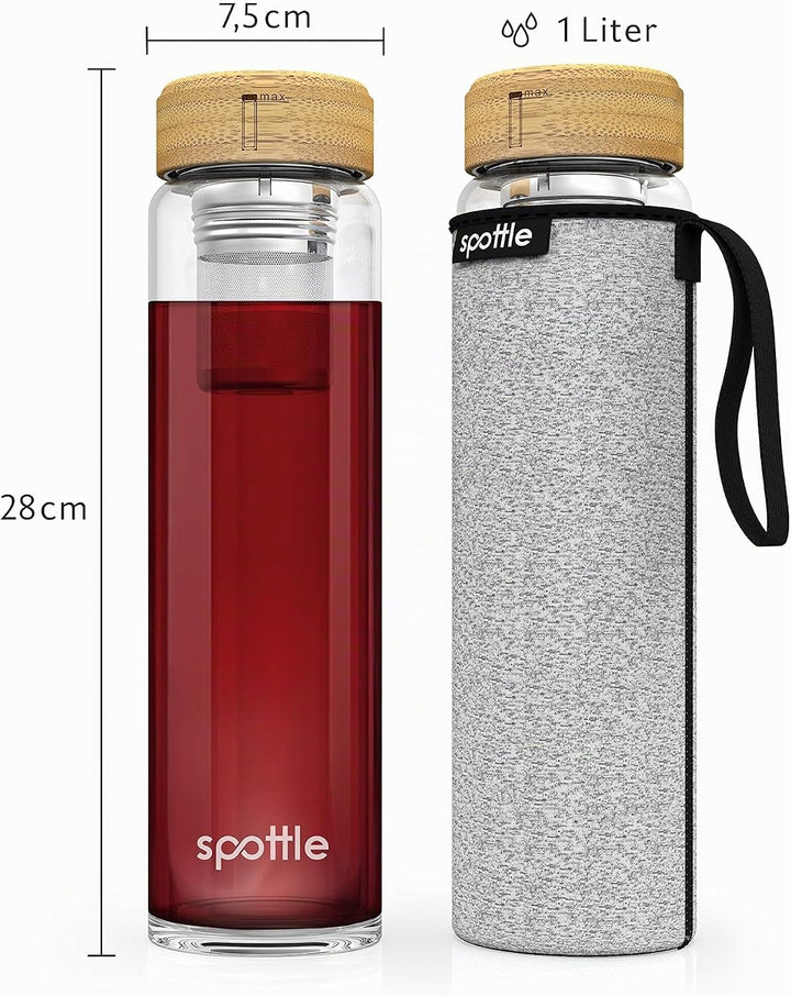 spottle Teeflasche mit sieb to go 1 Liter - Trinkflasche für Tee aus Glas in 500ml, 650ml, 1 l - Tee