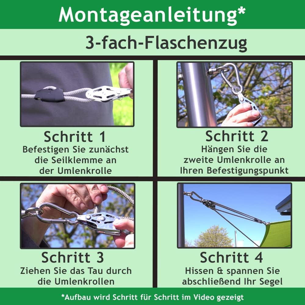 Pina DESIGN seit 1979 - Sonnensegel 3-Fach Flaschenzug Set - mastseitig, für Sonnensegel Stangen/Pro