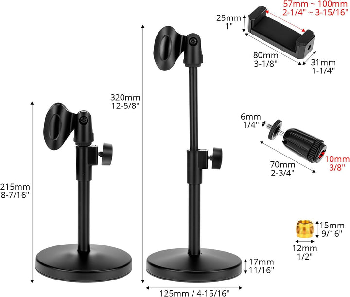 QWORK® Multifunktions-Desktop-Mikrofonständer, Verstellbares Tischstativ mit Handy-Clip, 5/8-Zoll-St
