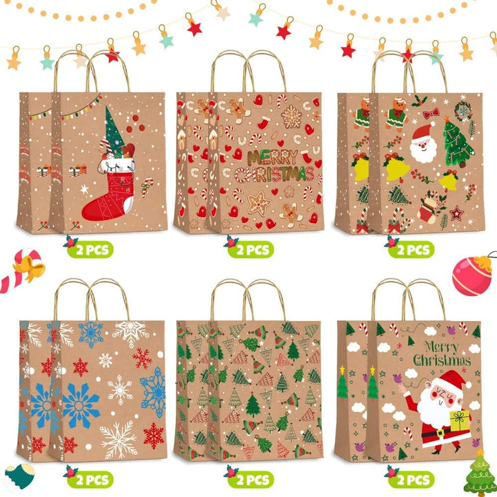 12 Stück Geschenktüten Weihnachten，Papiertüten Weihnachten mit Griff, Kraftpapier Weihnachtstüten fü