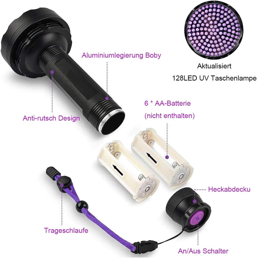 UV Schwarzlicht,Newest 128 LEDs UV Taschenlampe mit UV- Schutzbrille für Heimtierurindetektoren,395n
