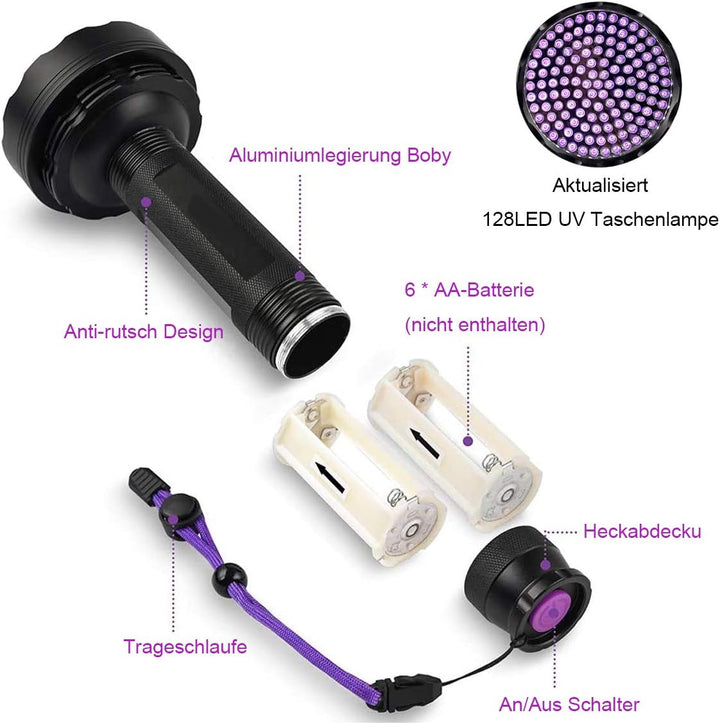 UV Schwarzlicht,Newest 128 LEDs UV Taschenlampe mit UV- Schutzbrille für Heimtierurindetektoren,395n