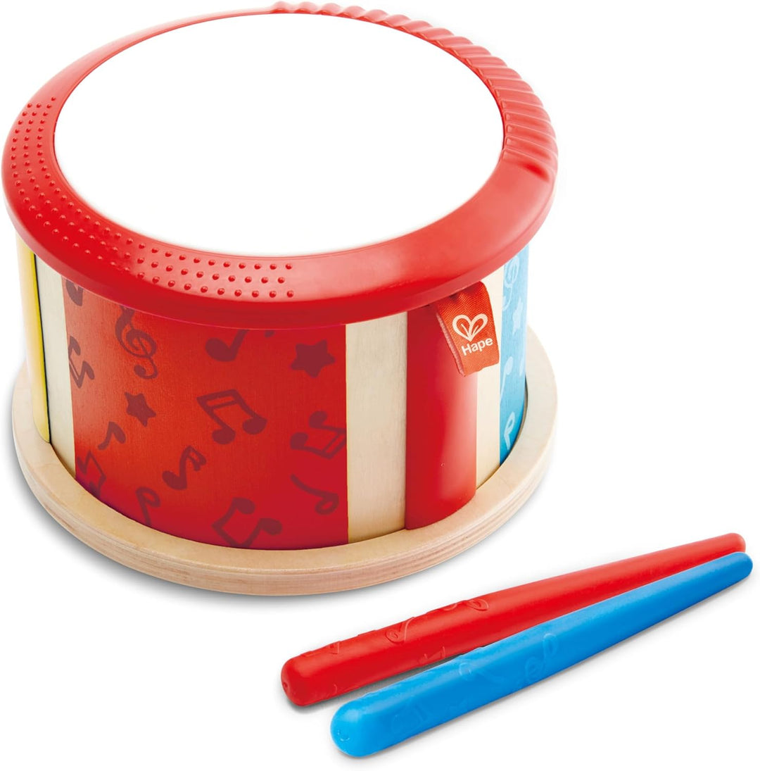 Hape Doppelseitige Holztrommel - Musikspielzeug für Kleinkinder, beidseitige Trommelflächen und stab