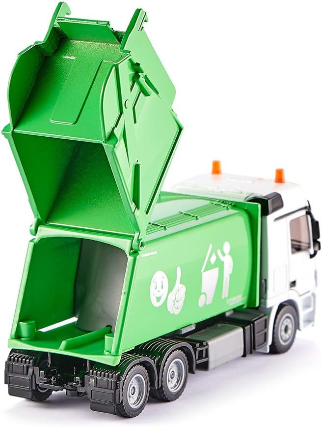 siku 2938, Müllwagen, 1:50, Metall/Kunststoff, Grün/Weiss, Öffenbarer Heckbereich, Inkl. Mülltonne,